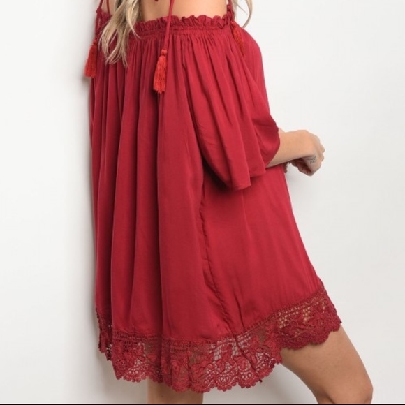 Red Wine Tassel Off Shoulder Dress - Picture 5 of 6